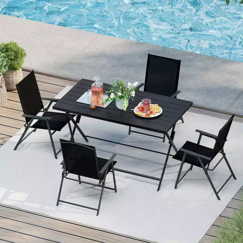 Costway Set da Pranzo Pieghevole da Esterno 5 PZ, Grande Tavolo Rettangolare in Metallo 4 Poltrone a Rete Nere