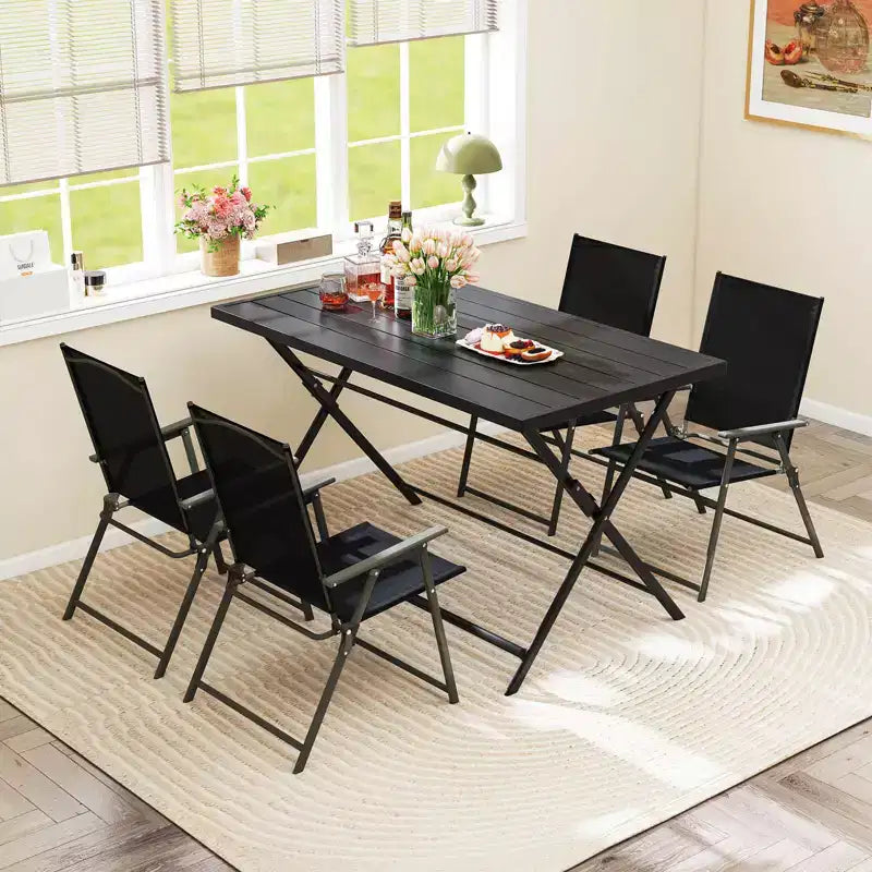 Costway Set da Pranzo Pieghevole da Esterno 5 PZ, Grande Tavolo Rettangolare in Metallo 4 Poltrone a Rete Nere