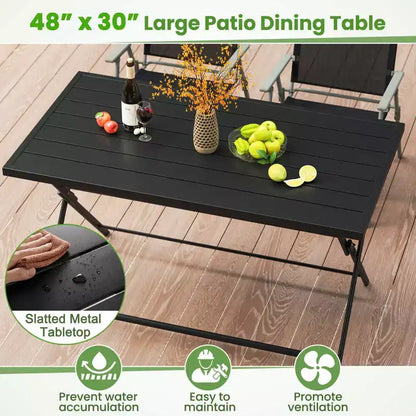 Costway Set da Pranzo Pieghevole da Esterno 5 PZ, Grande Tavolo Rettangolare in Metallo 4 Poltrone a Rete Nere