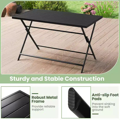 Costway Set da Pranzo Pieghevole da Esterno 5 PZ, Grande Tavolo Rettangolare in Metallo 4 Poltrone a Rete Nere