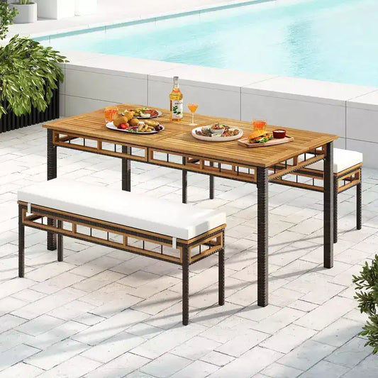 Costway 3 PCS Acacia Wood Patio Dining Set with 1.97 Umbrella Hole & Cushions for Garden Mix Brown