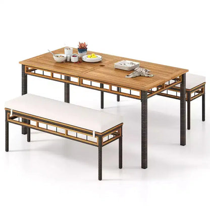 Costway Ensemble repas de jardin 3 pièces en bois d'acacia avec trou pour parasol de 5 cm et coussins, Marron mélangé