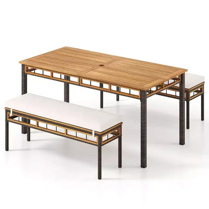 Costway Ensemble repas de jardin 3 pièces en bois d'acacia avec trou pour parasol de 5 cm et coussins, Marron mélangé