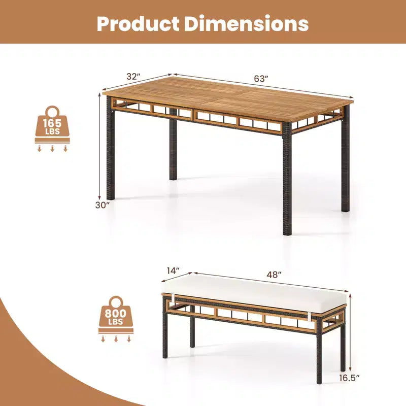 Costway Ensemble repas de jardin 3 pièces en bois d'acacia avec trou pour parasol de 5 cm et coussins, Marron mélangé