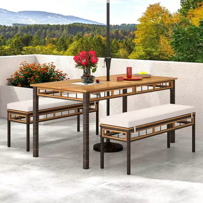 Costway Ensemble repas de jardin 3 pièces en bois d'acacia avec trou pour parasol de 5 cm et coussins, Marron mélangé