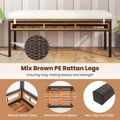 Costway Ensemble repas de jardin 3 pièces en bois d'acacia avec trou pour parasol de 5 cm et coussins, Marron mélangé