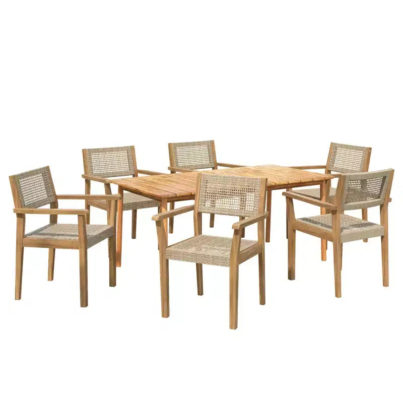 Ensemble de salle à manger d'extérieur 7 pièces, mobilier de jardin avec 6 chaises en osier et 1 table à manger finition teck, plateau en bois d'acacia - ModernLuxe