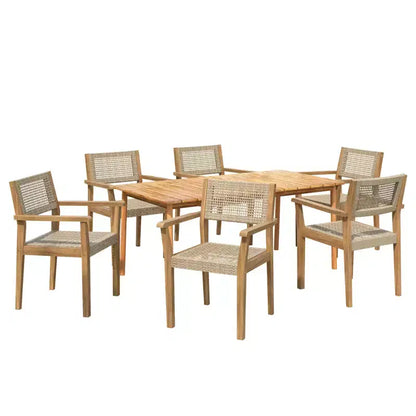 Ensemble de salle à manger d'extérieur 7 pièces, mobilier de jardin avec 6 chaises en osier et 1 table à manger finition teck, plateau en bois d'acacia - ModernLuxe