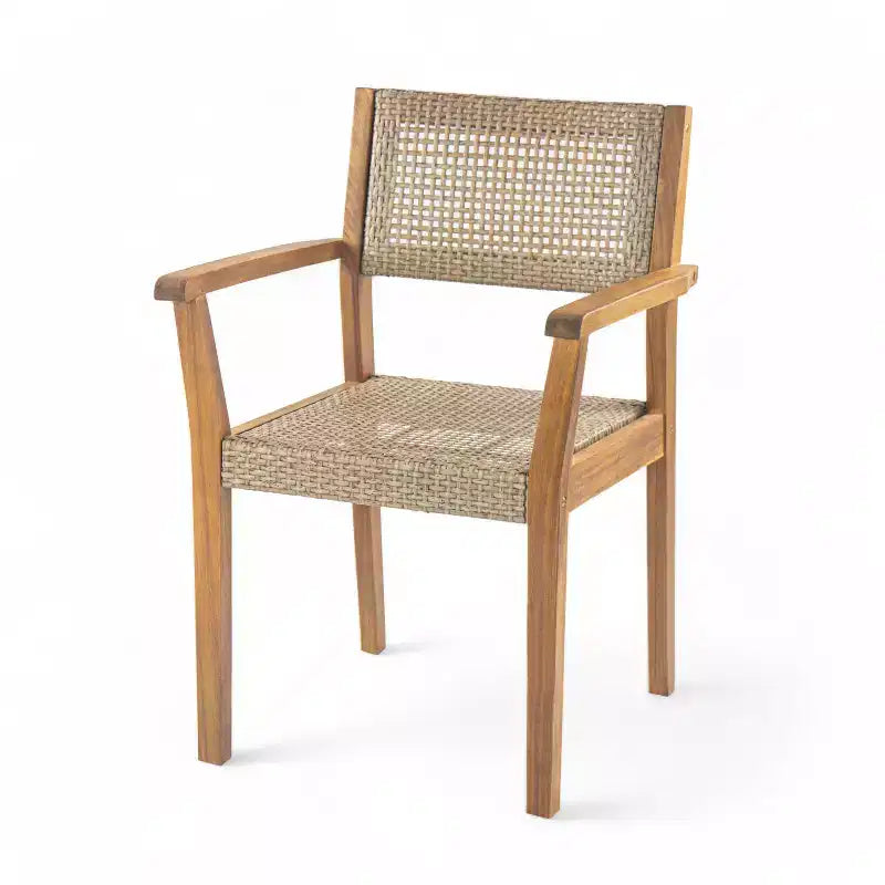 Ensemble de salle à manger d'extérieur 7 pièces, mobilier de jardin avec 6 chaises en osier et 1 table à manger finition teck, plateau en bois d'acacia - ModernLuxe