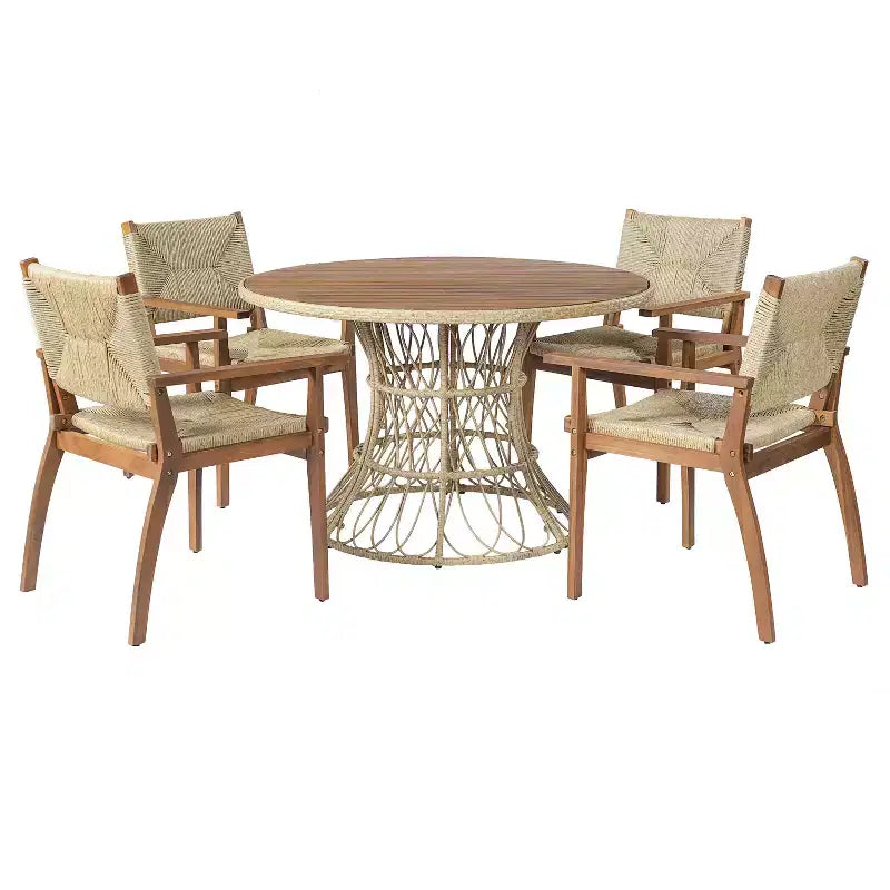 Christopher Knight Home Nan - Ensemble de salle à manger extérieur 5 pièces en bois d'acacia de style rustique avec 4 fauteuils en osier