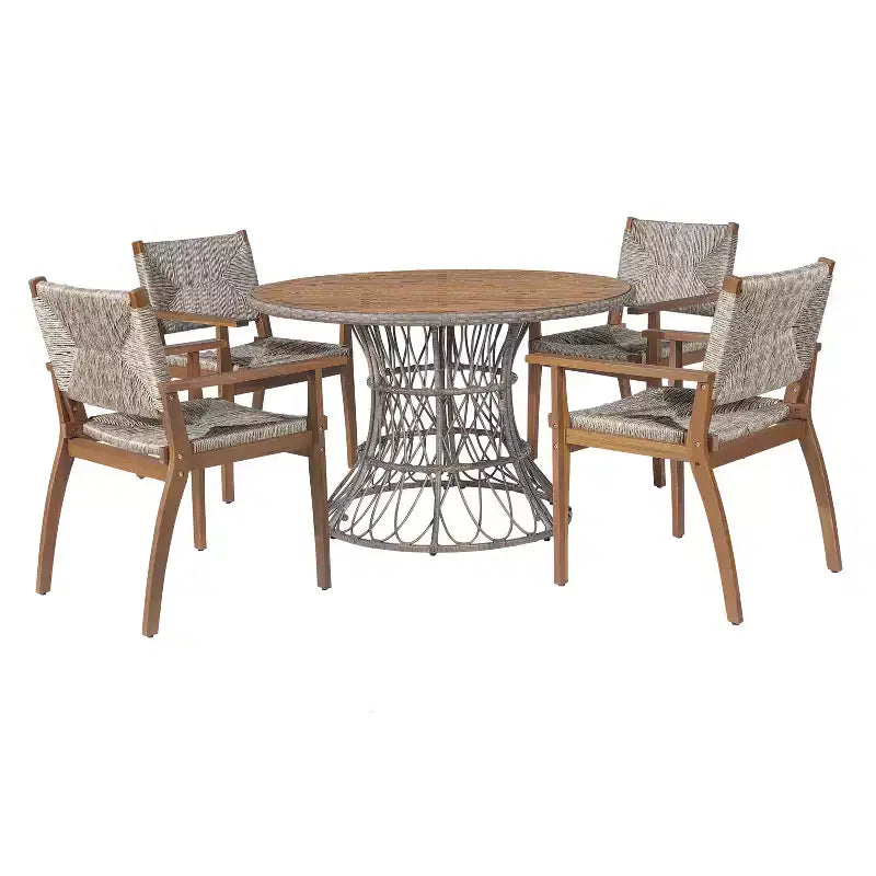 Christopher Knight Home Nan - Ensemble de salle à manger extérieur 5 pièces en bois d'acacia de style rustique avec 4 fauteuils en osier