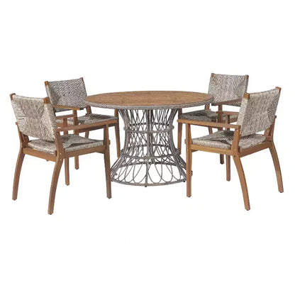 Christopher Knight Home Nan - Ensemble de salle à manger extérieur 5 pièces en bois d'acacia de style rustique avec 4 fauteuils en osier