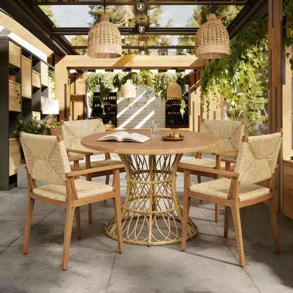 Christopher Knight Home Nan - Ensemble de salle à manger extérieur 5 pièces en bois d'acacia de style rustique avec 4 fauteuils en osier