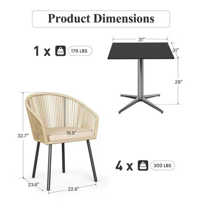 Table à manger de patio Captiva Designs 5 pièces avec pieds en X et dossier en corde tressée avec coussin de siège