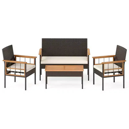 Gymax Set of 4 Patio Dining Set w/Acacia Wood Coffee Table White Cushions for Backyard Garden