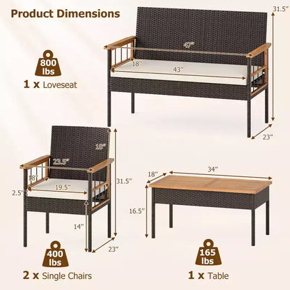 Set da pranzo Gymax da 4 pezzi per esterni con tavolino in legno di acacia e cuscini bianchi per giardino/cortile