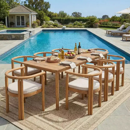 Christopher Knight Home Farah Rustic 9 Piece Patio Acacia Wood Dining Set with Slatted Tabletop and Cushions