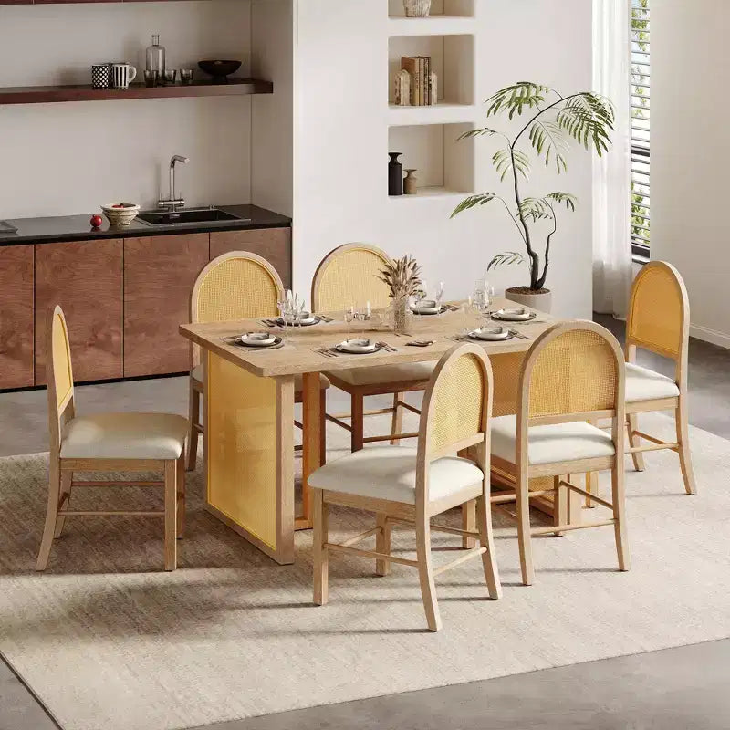 Ensemble de table à manger 7 pièces de style ferme pour 6 personnes - Table à manger rectangulaire de 152 cm avec finition vieillie et 6 chaises en rotin, Meubles de cuisine rustiques