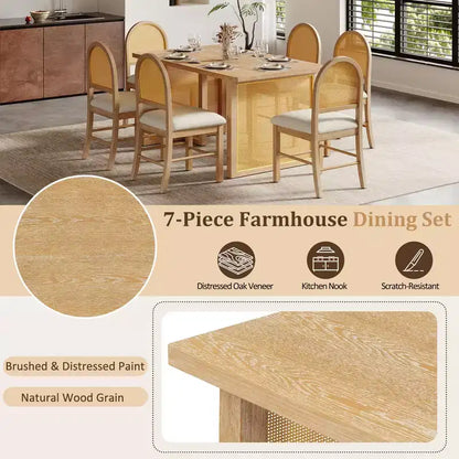 Ensemble de table à manger 7 pièces de style ferme pour 6 personnes - Table à manger rectangulaire de 152 cm avec finition vieillie et 6 chaises en rotin, Meubles de cuisine rustiques