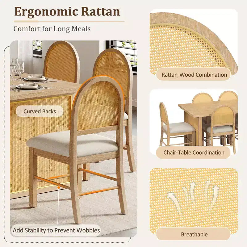 Ensemble de table à manger 7 pièces de style ferme pour 6 personnes - Table à manger rectangulaire de 152 cm avec finition vieillie et 6 chaises en rotin, Meubles de cuisine rustiques