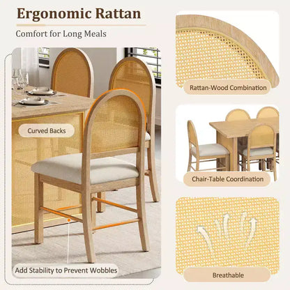 Ensemble de table à manger 7 pièces de style ferme pour 6 personnes - Table à manger rectangulaire de 152 cm avec finition vieillie et 6 chaises en rotin, Meubles de cuisine rustiques