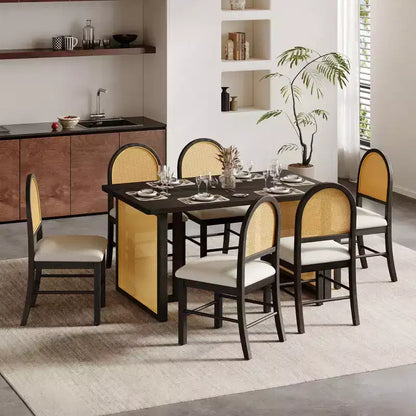Ensemble de table à manger 7 pièces de style ferme pour 6 personnes - Table à manger rectangulaire de 152 cm avec finition vieillie et 6 chaises en rotin, Meubles de cuisine rustiques