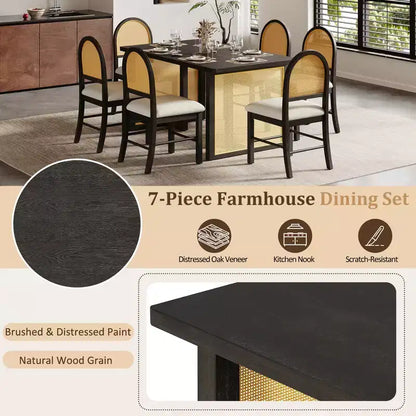 Ensemble de table à manger 7 pièces de style ferme pour 6 personnes - Table à manger rectangulaire de 152 cm avec finition vieillie et 6 chaises en rotin, Meubles de cuisine rustiques