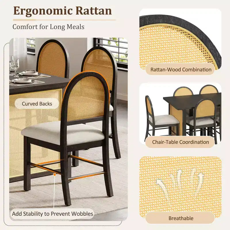 Ensemble de table à manger 7 pièces de style ferme pour 6 personnes - Table à manger rectangulaire de 152 cm avec finition vieillie et 6 chaises en rotin, Meubles de cuisine rustiques