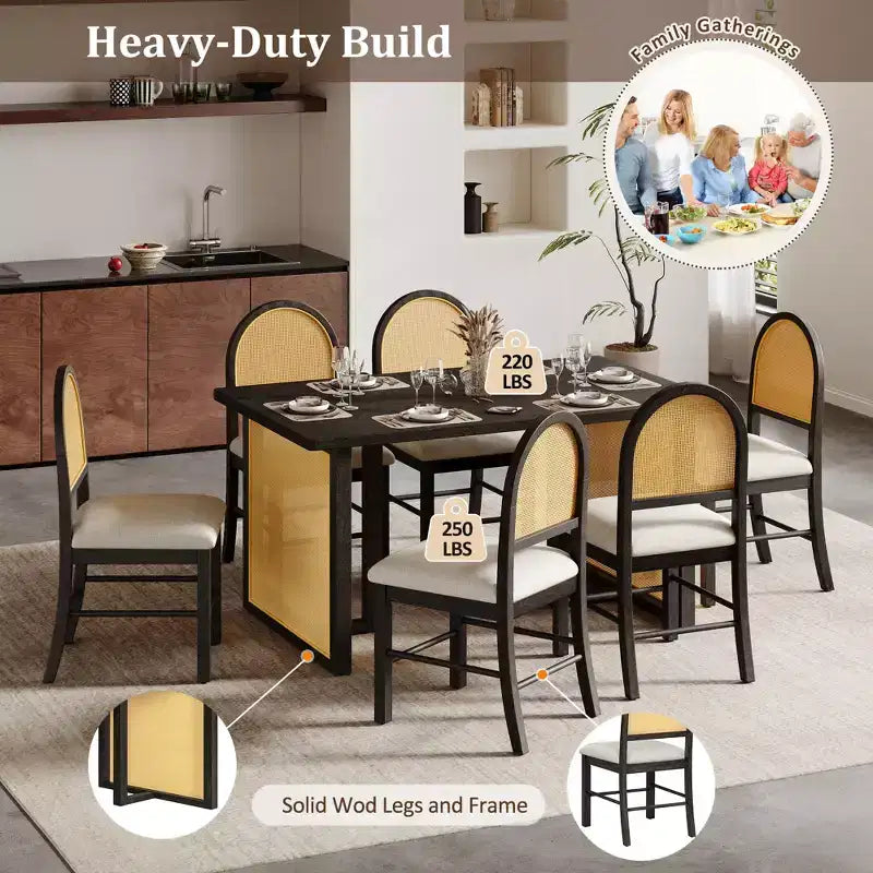 Ensemble de table à manger 7 pièces de style ferme pour 6 personnes - Table à manger rectangulaire de 152 cm avec finition vieillie et 6 chaises en rotin, Meubles de cuisine rustiques