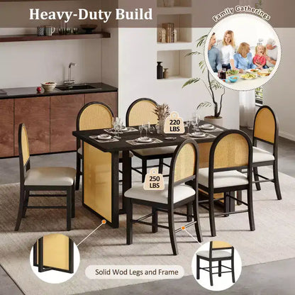 Ensemble de table à manger 7 pièces de style ferme pour 6 personnes - Table à manger rectangulaire de 152 cm avec finition vieillie et 6 chaises en rotin, Meubles de cuisine rustiques