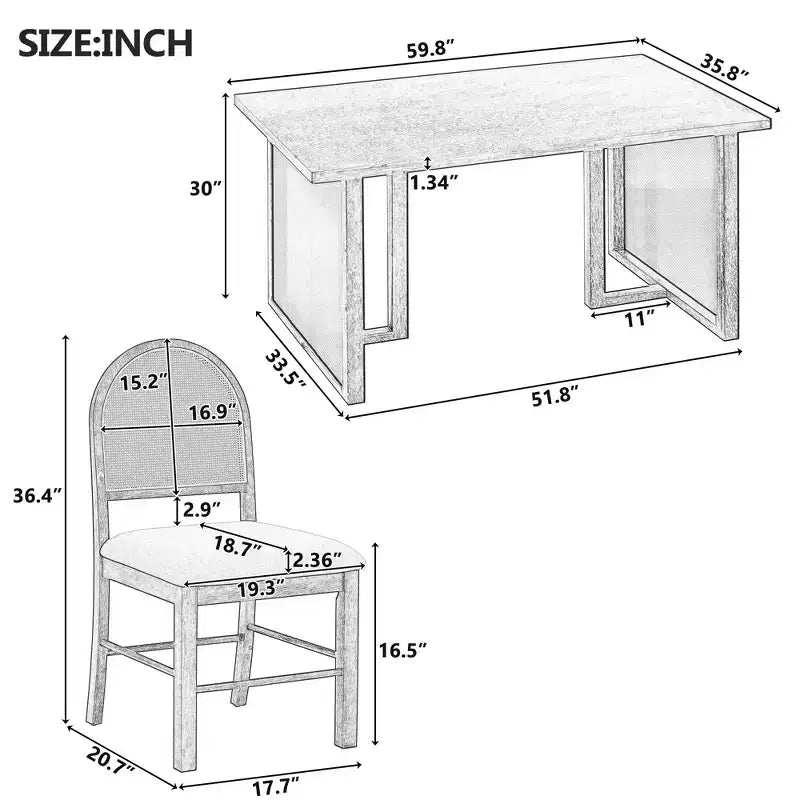 Ensemble de table à manger 7 pièces de style ferme pour 6 personnes - Table à manger rectangulaire de 152 cm avec finition vieillie et 6 chaises en rotin, Meubles de cuisine rustiques