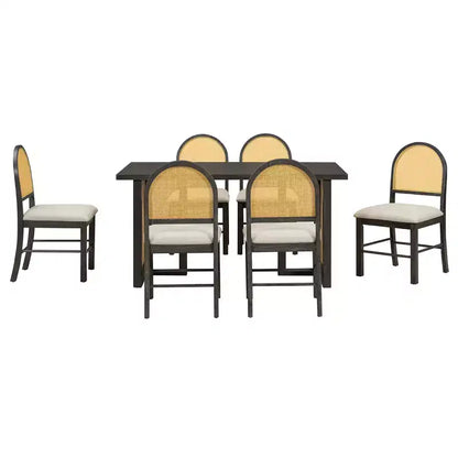 Ensemble de table à manger 7 pièces de style ferme pour 6 personnes - Table à manger rectangulaire de 152 cm avec finition vieillie et 6 chaises en rotin, Meubles de cuisine rustiques