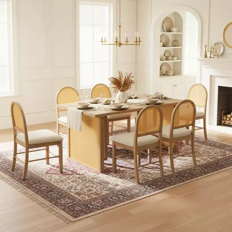 Ensemble de table à manger 7 pièces de style ferme pour 6 personnes - Table à manger rectangulaire de 152 cm avec finition vieillie et 6 chaises en rotin, Meubles de cuisine rustiques