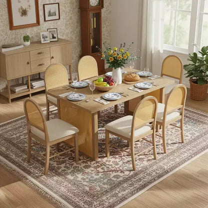 Ensemble de table à manger 7 pièces de style ferme pour 6 personnes - Table à manger rectangulaire de 152 cm avec finition vieillie et 6 chaises en rotin, Meubles de cuisine rustiques
