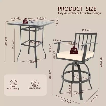 ALAULM Ensemble de bar de terrasse 3 pièces, ensemble de table de terrasse avec 2 tabourets de bar hauts et 1 table de bar, pour cuisine, pelouse, terrasse