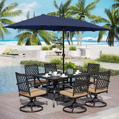 Captiva Designs Set da pranzo da 8 pezzi per esterni con tavolo rettangolare in acciaio, sedie in acciaio nero e ombrellone a palo centrale