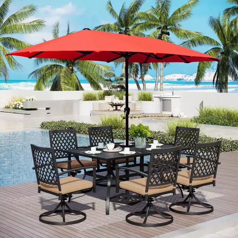 Captiva Designs Set da pranzo da 8 pezzi per esterni con tavolo rettangolare in acciaio, sedie in acciaio nero e ombrellone a palo centrale