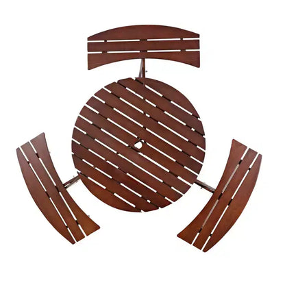 Table de pique-nique ronde Whisen d'extérieur pour 8 personnes, ensemble table et bancs d'extérieur, ensembles de salle à manger de patio avec 4 bancs intégrés, trou pour parasol