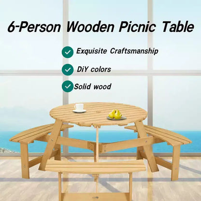 Table de pique-nique ronde Whisen d'extérieur pour 8 personnes, ensemble table et bancs d'extérieur, ensembles de salle à manger de patio avec 4 bancs intégrés, trou pour parasol