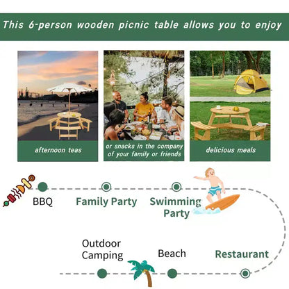 Table de pique-nique ronde Whisen d'extérieur pour 8 personnes, ensemble table et bancs d'extérieur, ensembles de salle à manger de patio avec 4 bancs intégrés, trou pour parasol