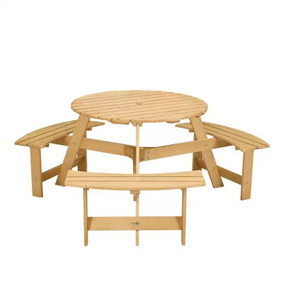 Table de pique-nique ronde Whisen d'extérieur pour 8 personnes, ensemble table et bancs d'extérieur, ensembles de salle à manger de patio avec 4 bancs intégrés, trou pour parasol