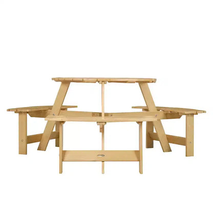 Table de pique-nique ronde Whisen d'extérieur pour 8 personnes, ensemble table et bancs d'extérieur, ensembles de salle à manger de patio avec 4 bancs intégrés, trou pour parasol