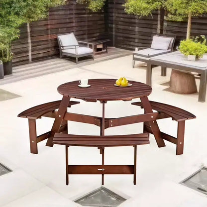 Table de pique-nique ronde Whisen d'extérieur pour 8 personnes, ensemble table et bancs d'extérieur, ensembles de salle à manger de patio avec 4 bancs intégrés, trou pour parasol