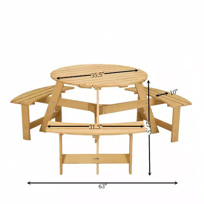 Table de pique-nique ronde Whisen d'extérieur pour 8 personnes, ensemble table et bancs d'extérieur, ensembles de salle à manger de patio avec 4 bancs intégrés, trou pour parasol