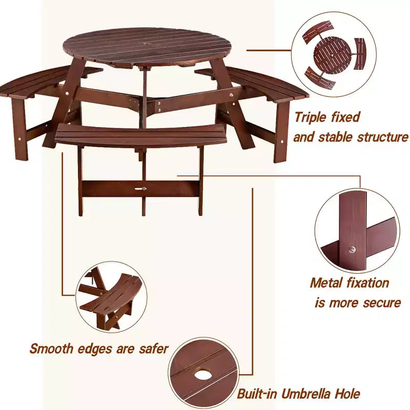 Table de pique-nique ronde Whisen d'extérieur pour 8 personnes, ensemble table et bancs d'extérieur, ensembles de salle à manger de patio avec 4 bancs intégrés, trou pour parasol