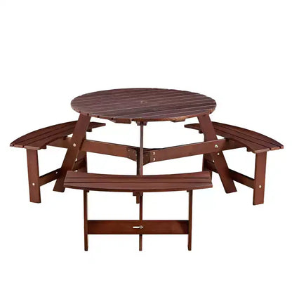 Table de pique-nique ronde Whisen d'extérieur pour 8 personnes, ensemble table et bancs d'extérieur, ensembles de salle à manger de patio avec 4 bancs intégrés, trou pour parasol