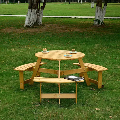 Table de pique-nique ronde Whisen d'extérieur pour 8 personnes, ensemble table et bancs d'extérieur, ensembles de salle à manger de patio avec 4 bancs intégrés, trou pour parasol