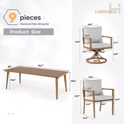Set da pranzo da esterno HAPPATIO, set da pranzo per patio in alluminio con finitura effetto legno dipinta a mano, facile da montare per cortile, giardino, portico