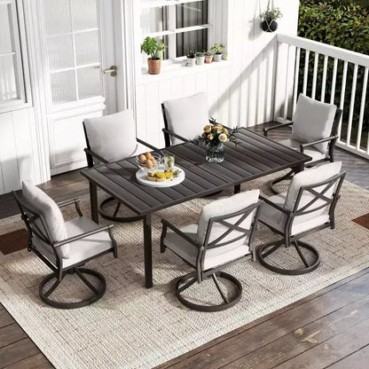 Set da pranzo per patio HAPPATIO, set tavolo e sedie da esterno, sedie in metallo verniciato a polvere con cuscini, tavolo con foro per ombrellone per terrazza, cortile, prato