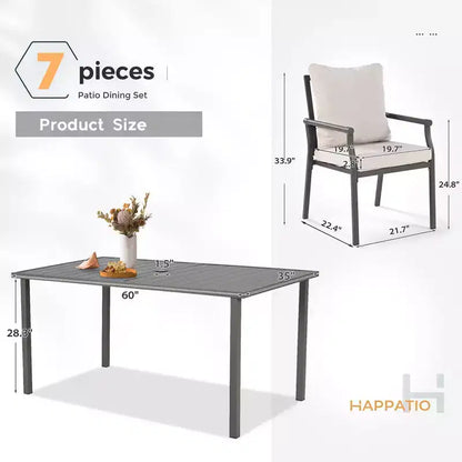 Set da pranzo per patio HAPPATIO, set tavolo e sedie da esterno, sedie in metallo verniciato a polvere con cuscini, tavolo con foro per ombrellone per terrazza, cortile, prato